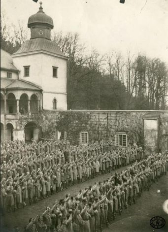 Przysięga Batalionu Uzupełniającego na zamku w Suchej Beskidzkiej. Listopad, 1914 r. Źródło: CAW