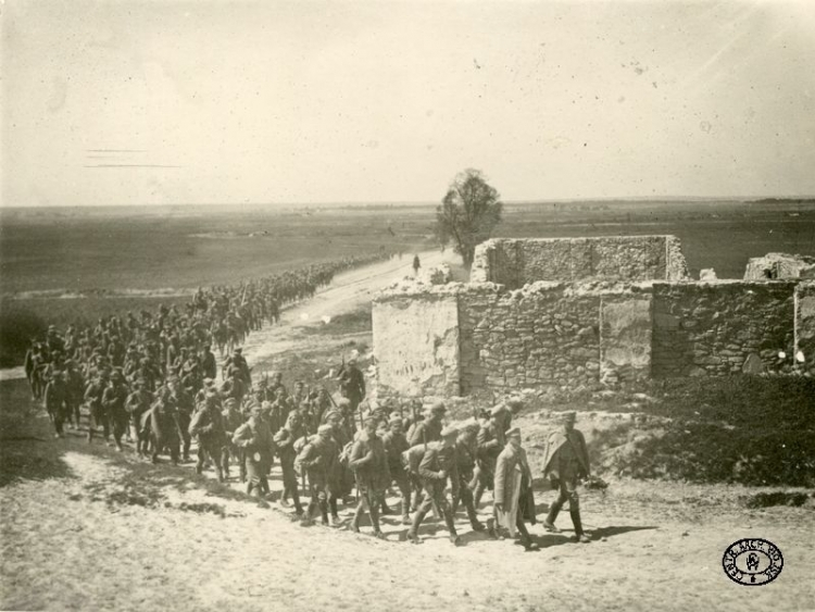 Kolumna 1 Pułku Piechoty Legionów Polskich pod Skowronnem w marszu do miejscowości Kije. Pozycje nad Nidą. Maj, 1915 r. Źródło: CAW