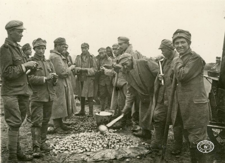 Żołnierze z I Brygady Legionów Polskich przy skrobaniu ziemniaków w kuchni polowej. Niemirów. 20.08.1915 r. Źródło: CAW.jpg