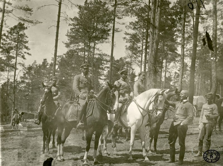 Komendant 1. Pułku Piechoty Legionów Polskich płk Edward Rydz „Śmigły” (drugi z lewej) w towarzystwie oficerów kawalerii. W centrum na białym koniu dowódca 1. Pułku Ułanów Legionów Polskich rtm. Władysław Prażmowski „Belina”, obok (na ciemnym koniu) rtm. Gustaw Dreszer „Orlicz”. Pozycje pod Optową, Wołyń. Czerwiec 1916 r. Źródło: CAW