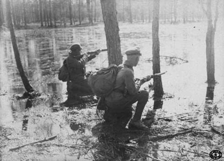 Patrol żołnierzy 5 Pułku Piechoty Legionów Polskich na bagnach nad Wiesiołuchą. Pozycje nad Styrem, Wołyń. Wiosna, 1916 r.