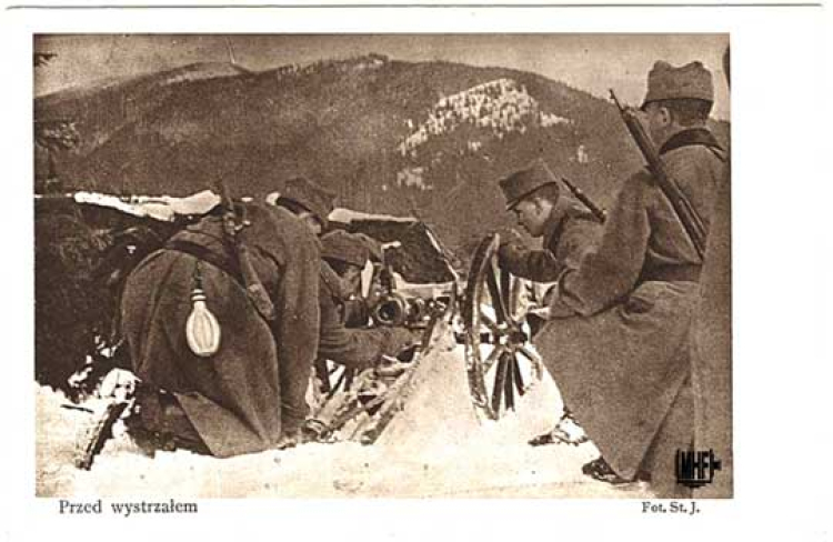 &#39;Przed wystrzałem&#39; II Brygada w Karpatach, kartka pocztowa na podstawie fotografii Stanisława Janowskiego, Kraków 1915