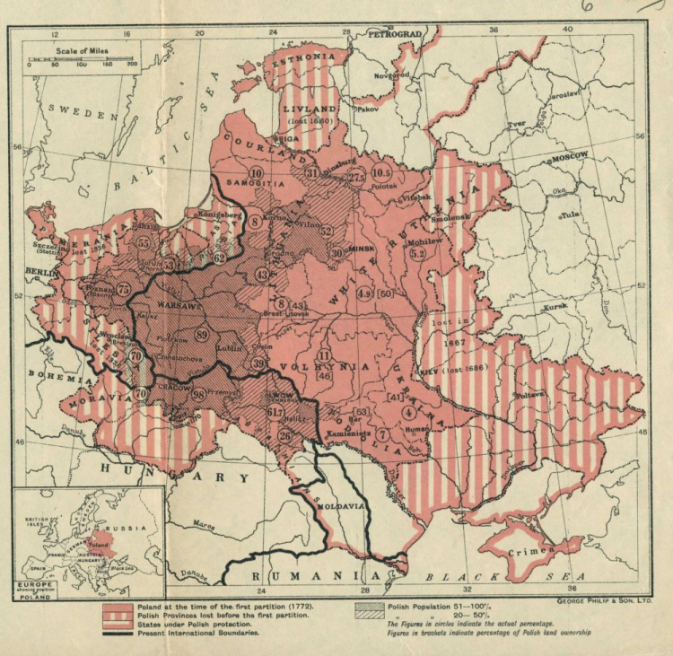 Mapa Polski z 07.05.1919 r. przedstawiająca granice państwa z 1772 r., rewindykacje (Komitetu Narodowego) Delegacji Polskiej i obszar przyznany Polsce preliminarzem pokoju 07.05.1919 r., obszary plebiscytowe i Wolne Miasto Gdańsk; AAN, Akta Leona Wasilewskiego, sygn. 30.