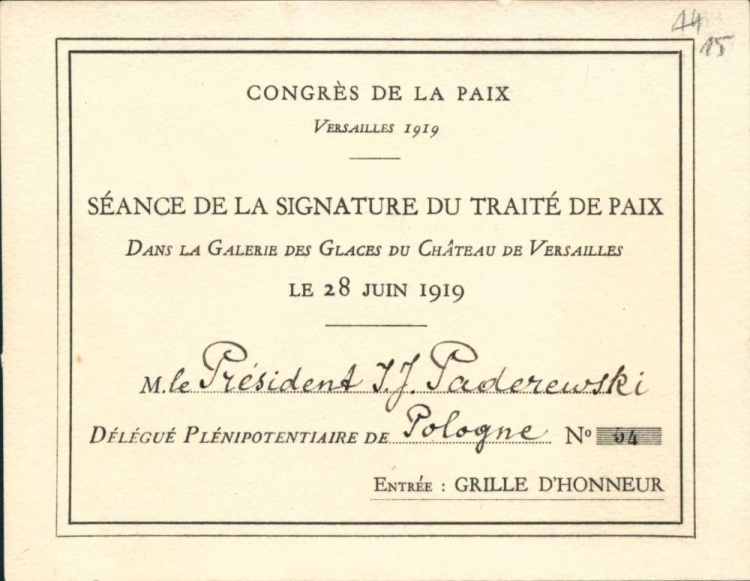 Zaproszenie dla Ignacego Jana Paderewskiego na uroczystość podpisania Traktatu Wersalskiego, 28.06.1919 r.; AAN, Archiwum Ignacego Jana Paderewskiego, sygn. 2.