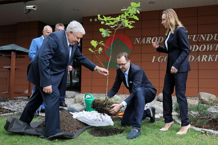 Wiceminister środowiska Sławomir Mazurek (2P), prezes NFOŚiGW Kazimierz Kujda (L) i zastępca prezesa NFOŚiGW Anna Ewa Król (P) podczas inauguracji ogólnopolskiej akcji NFOŚiGW „100 tysięcy drzew na 100-lecie niepodległości Polski 1918-2018”. Fot. PAP/P. Supernak