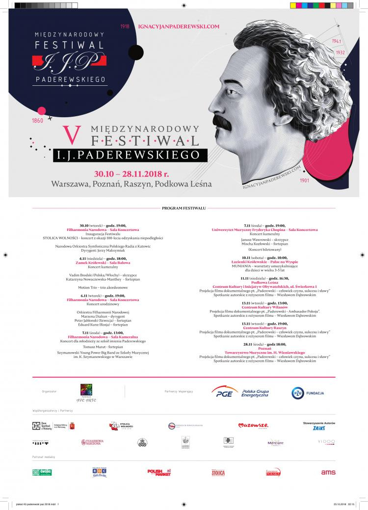 Plakat V Międzynarodowego Festiwalu Ignacego Jana Paderewskiego w Warszawie. Źródło: Chopin.edu.pl Plakat V Międzynarodowego Festiwalu Ignacego Jana Paderewskiego w Warszawie. Źródło: Chopin.edu.pl