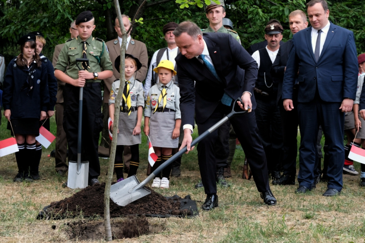 Chorzów, 08.07.2019. Prezydent RP Andrzej Duda (C) sadzi Dąb Powstań Śląskich podczas spotkania z mieszkańcami Chorzowa, 8 bm. w Górnośląskim Parku Etnograficznym. Z prawej marszałek województwa śląskiego Jakub Chełstowski. Głowa państwa przebywa z wizytą w województwie śląskim. Fot. PAP/H. Bardo