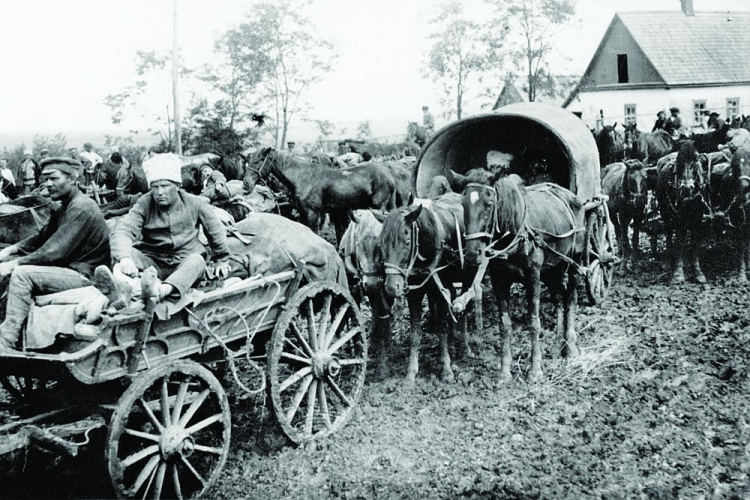 Lipiec 1920 r. Tabory 1 Armii Konnej w marszu. Źródło: Rosyjskie Państwowe Archiwum Filmowe i Fotograficzne w Moskwie