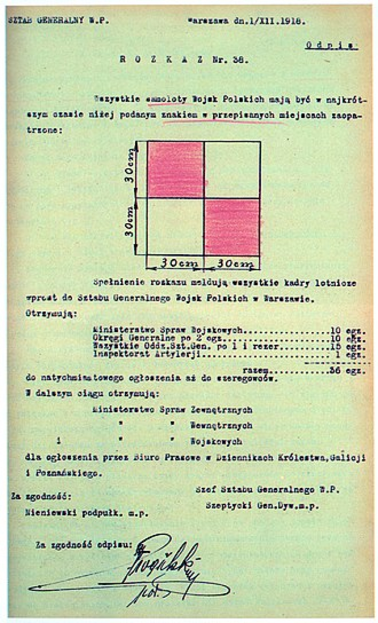 Odpis Rozkazu nr 38 Szefa Sztabu Generalnego gen. Stanisława Szeptyckiego z 1 grudnia 1918. Źródło: Wikimedia Commons