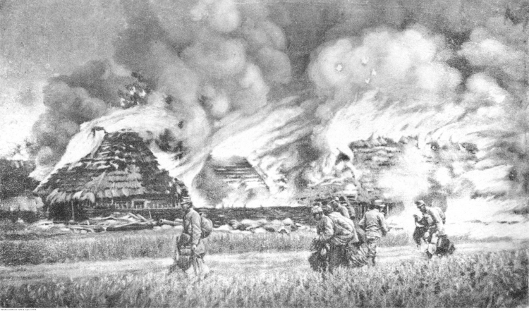 Płonąca wieś Żurawica pod Przemyślem w maju 1915 r. Źródło: Narodowe Archiwum Cyfrowe. Płonąca wieś Żurawica pod Przemyślem w maju 1915 r. Źródło: Narodowe Archiwum Cyfrowe.