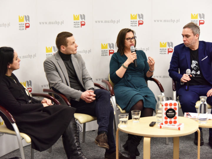 Warszawa, 30 01 2020. Muzeum Historii Polski. Debata o książce „Kobiety niepodległości. Wspomnienia z lat 1910–1918”; od lewej: prof. M. Sikorska-Kowalska, dr K. Piskała, dr A. Konik i dr M. Mirowski (prowadzący). Źródło: MHP