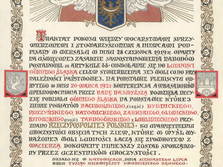 Akt pamiątkowy połączenia Górnego Śląska z Rzecząpospolitą z 16 lipca 1922 r. Źródło: Archiwum Państwowe w Katowicach
